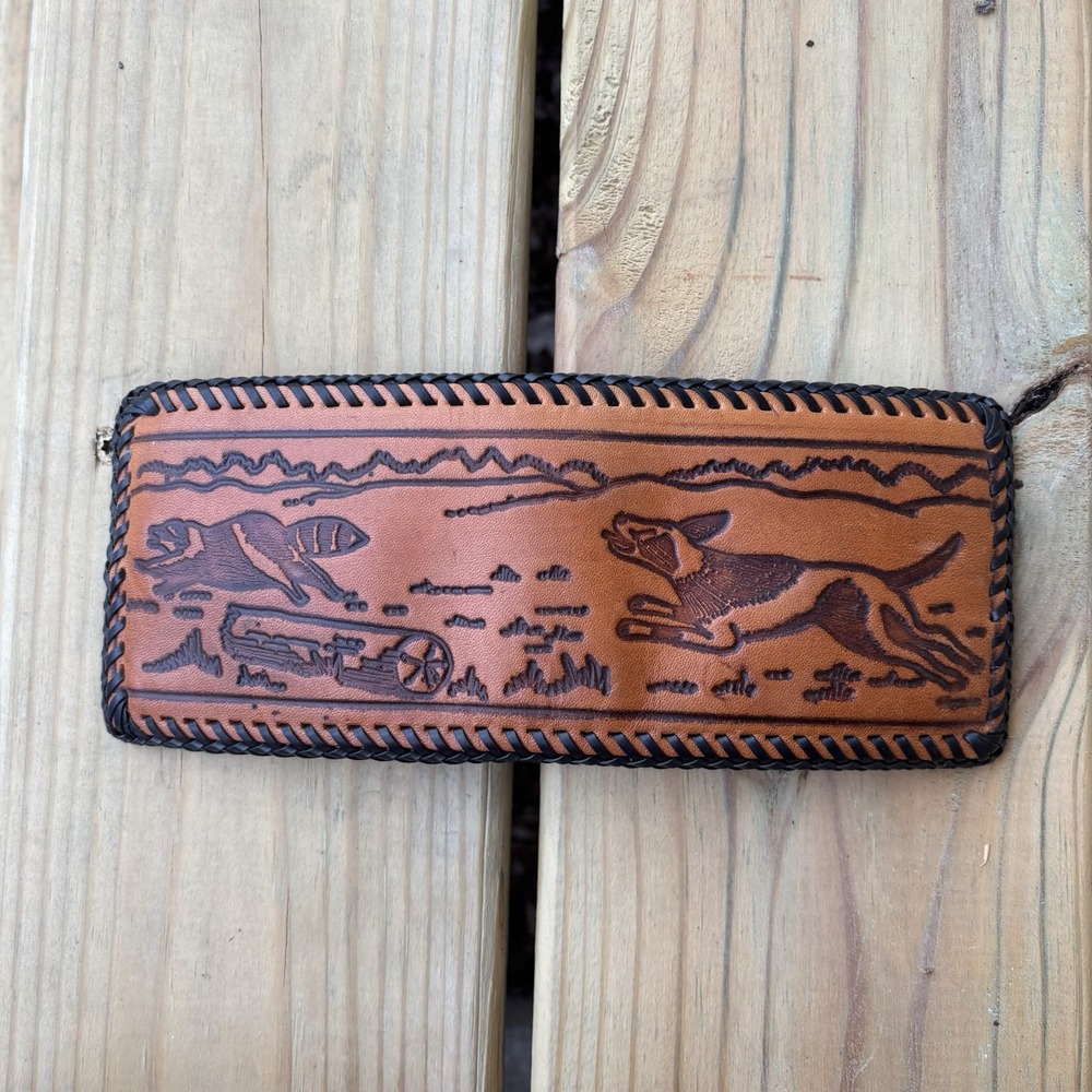 Vintage Bi-Fold Leather Wallet Whipstitch Hunting Coon Dog Hand Tooled USA